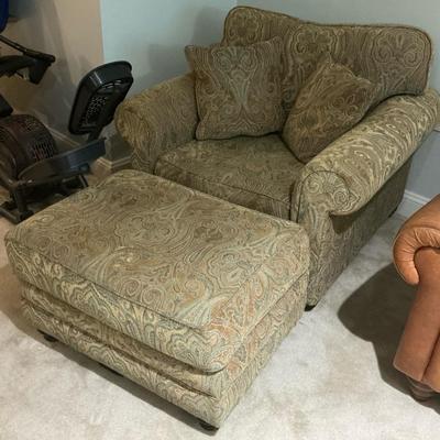 Blue & Gold Paisley Chenille Oversized Chair & Ottoman
