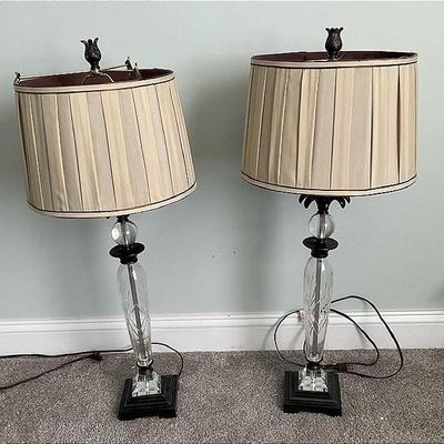 Two Etched Glass Pineapple Lamps With Shades