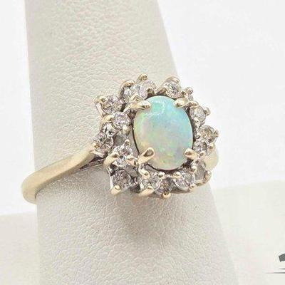 #744 • 14k White Gold Diamond and Opal Ring, 4.17g
