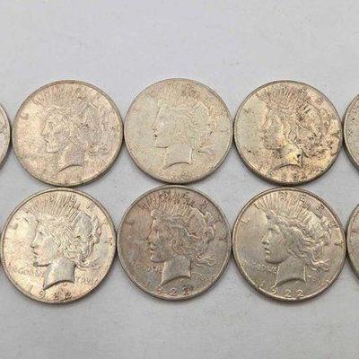 #1302 • (10) 1922 Peace Silver Dollars
