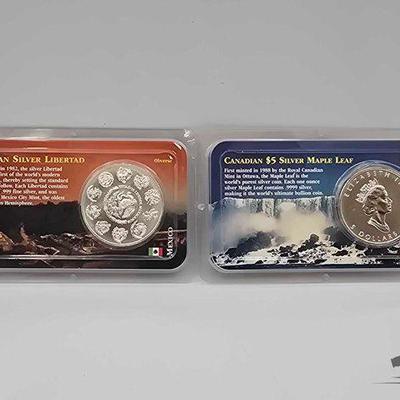 #1256 • Uncirculated .999 2000 Mexican Silver Libertad & Canadian $5 Silver Maple Leaf Coins
