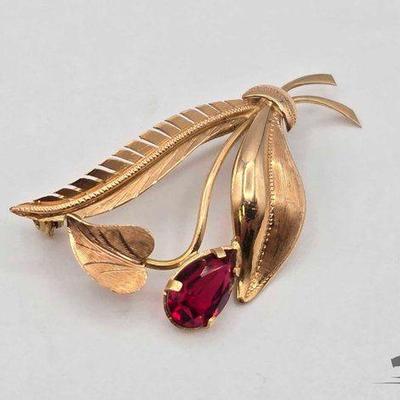 #600 • 18k Gold Feather Brooch with Semi-Precious Stone, 5.08g
