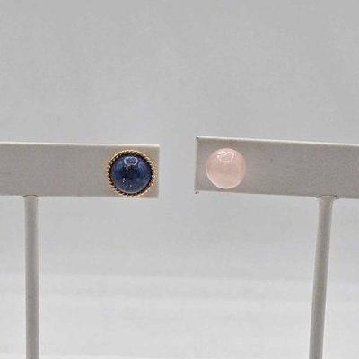 #732 • (2) 14k Gold Rose Quartz and Lapis Lazuli Earrings, 6.21g
