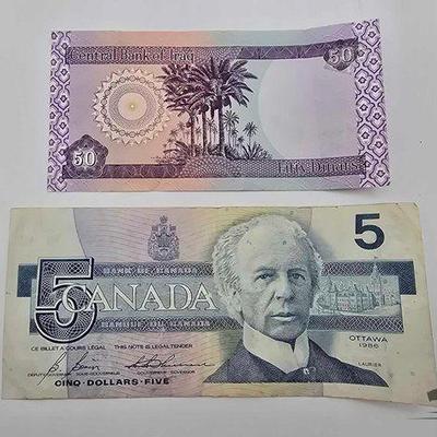 #1706 • 50 Dinars Iraq Bill and 5 Dollar Canada Bill
