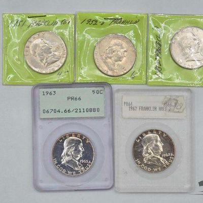 #1400 • (5) Pre 1964 Franklin Half Dollars
