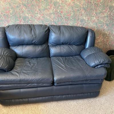 Navy Leather Love Seat. 33" deep x 35" high x 63" long. 