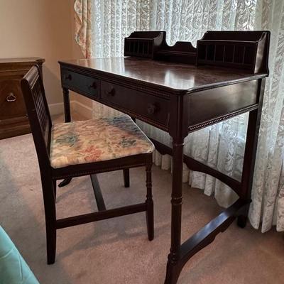 Writing Desk and Chair. Desk is 34 1/2" high x 19 1/2" deep x 35" wide. Chair is 28 2/4" high x 16" wide x...