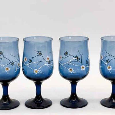 (4) Vintage Libbey Smokey Blue Floral Wine Glasses Dogwood Stemmed
