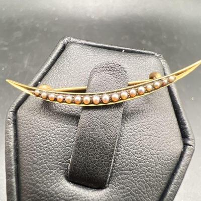 Antique Victorian 14K Gold Crescent Moon Seed Pearl Brooch
