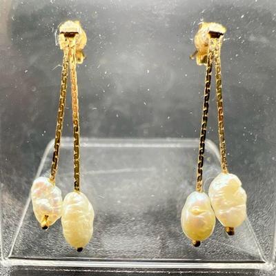 1” Dangling Pearl 14K Gold Earrings by JMC
