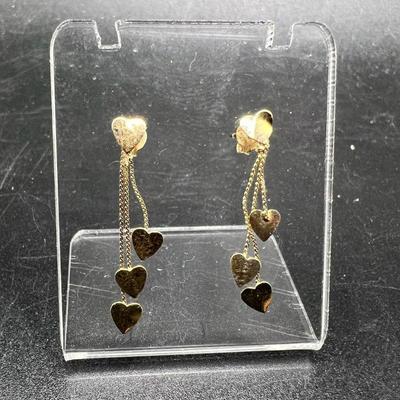 1” 14K Gold Dangling Hearts Earrings
