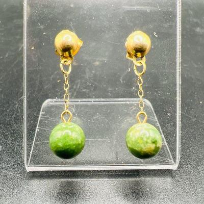 1” 14K Gold Cellini Earrings with Green Stones
