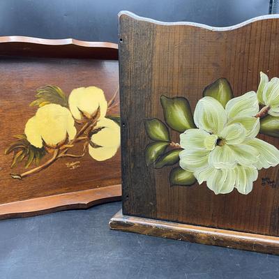 Vintage Wooden Handpainted Tray And Box 