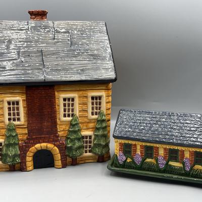 Vintage Block Country Handpainted Cookie Jar And Butter Dish 
