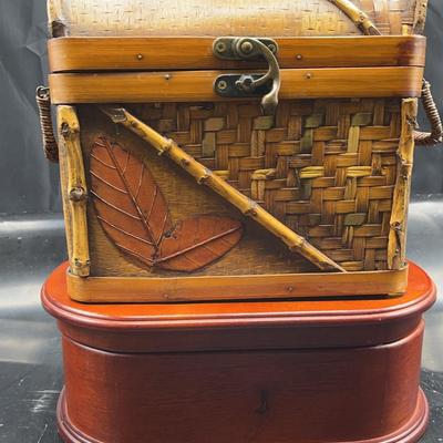 Vintage Woven Bamboo Basket And Jewelry Box 