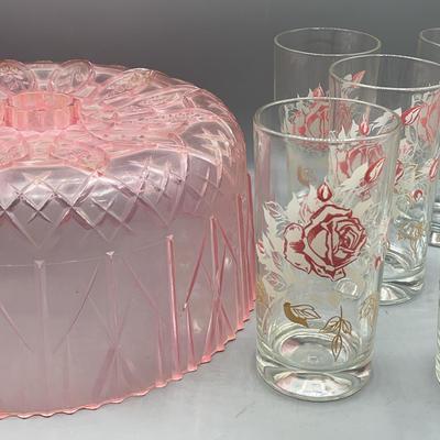 Vintage Floral High Ball Glasses And Pink Cake Lid 