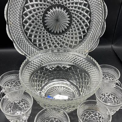 Cut Glass Punch Bowl  Set And Platter