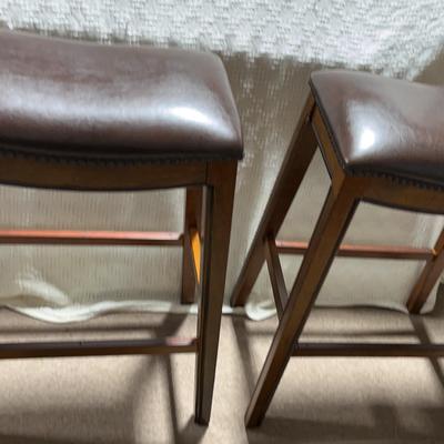 2 Dark Wood Bar Stools W/cushioned Seat 