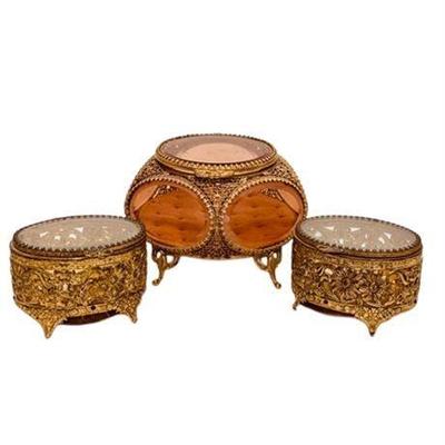 Lot 040-343   
Vintage Brass Ormolu Six-Sided Jewelry Box And Two Filigree Oval Casket Boxes