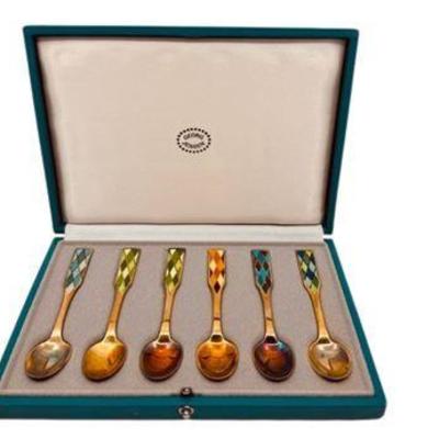 Lot 038-340   
Georg Jensen Harlequin Boxed Set Of 6 Enameled Demitasse Spoons, Sterling Silver