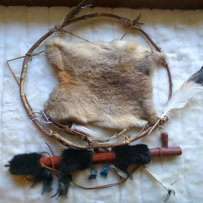 Decorated Peace Pipe and Animal Hide
