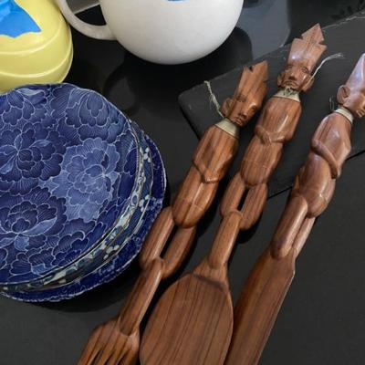 Blue Japanese plates, wood serving pieces