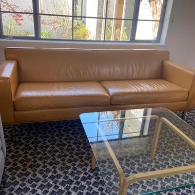 Design within Reach theatre leather sofa and glasstop coffee table