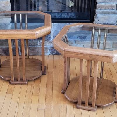 Oak and Glass End Tables