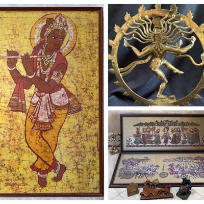 Framed Fabric Tapestry From India, Batik Of Lord Krishna And Decor