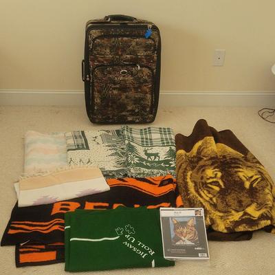 Collection of Linens and Suitcase