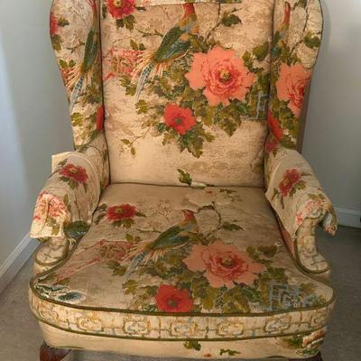 1960's Vintage Henredon Wingback Chair in Peacock Print & Velvet 