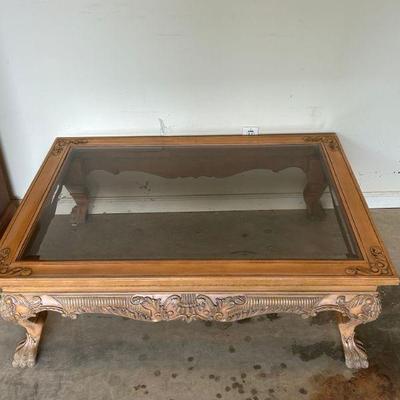 Carved Wood and Glass Coffee Table 