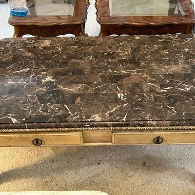 Marble Top Louis XIV Style Coffee Table and Matching Side Table 