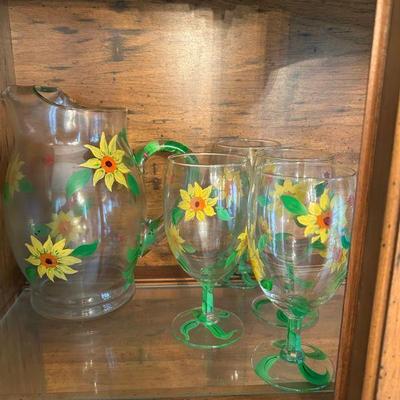 Sunflower Painted Pitcher and Glasses 