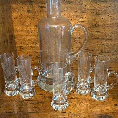 Etched Daisy Handle Decanter and Shot Glasses with Handles 