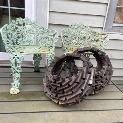 Vintage Wrought Iron Chairs & Wood Hanging Planters