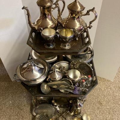 F.B. Rogers Silver Plated Kettles, Roger’s & Bro Cream & Sugar, Ladle, Swan Candle Holder, Trays