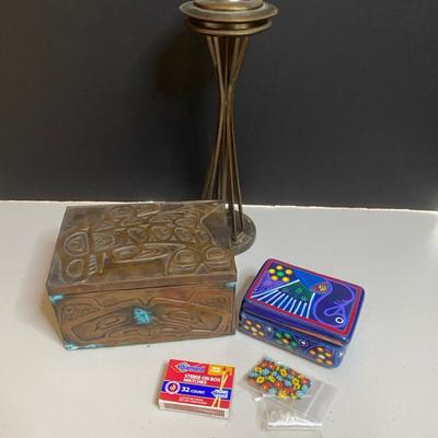 Seattle Space Needle Lighter, North West Indigenous Metal Box, Peacock Trinket Box & Matches
