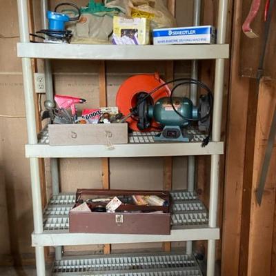 Shelf & Tools: Grinder, Palm Sander, Erasing Machine & More