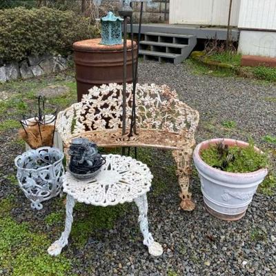 Outdoor Wrought Iron Bench & Table, Yard Art, Fountain, Barrel