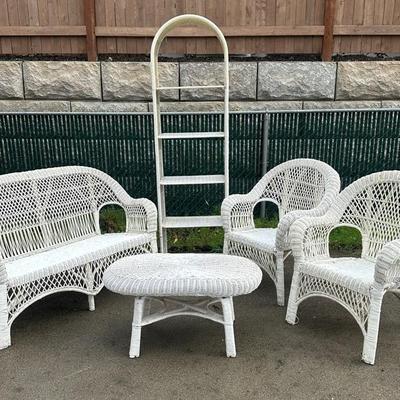 White Rattan Outdoor Patio Furniture Set Including Shelf, Sofa, Two Chairs And Coffee Table 