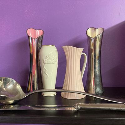 Lenox Knife & Vases Including Pink Pitcher, White With Rose, & Pair of Metal Heart Shaped 