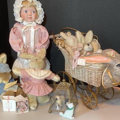 Cindy McClure Porcelain Doll With Mole End Creatures, Bunny Carriage With Other Stuffed Bunnies