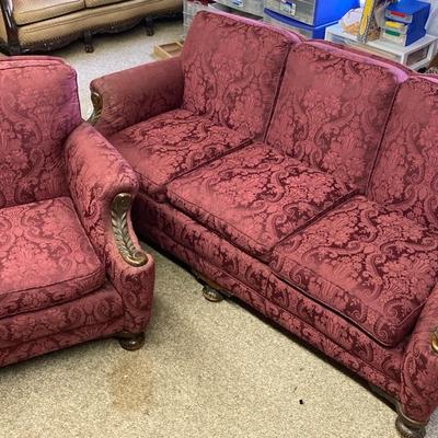 Red Floral Couch With Wood Accents & Matching Chair 