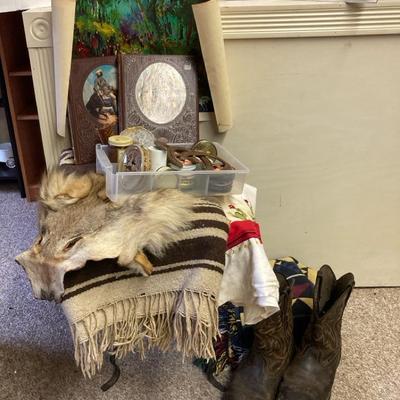 Wolverine Brown Cowboy Boots, Coyote Head Pelt, Woven Blankets, The Old West Time Life Books