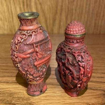 Antique Chinese Snuff Bottles, Appear To Be Carved Red Cinnabar