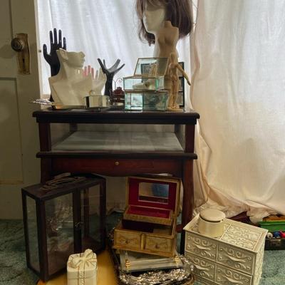 Vintage Bombay Display Case, Mirrors, Jewelry Boxes, Mannequin Head & Hands