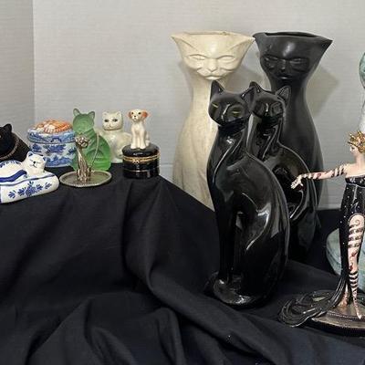 Franklin Mint PEARLS RUBIES House of Erte HAND PAINTED Porcelain FIGURINE M8628 & Other Cat Figurine