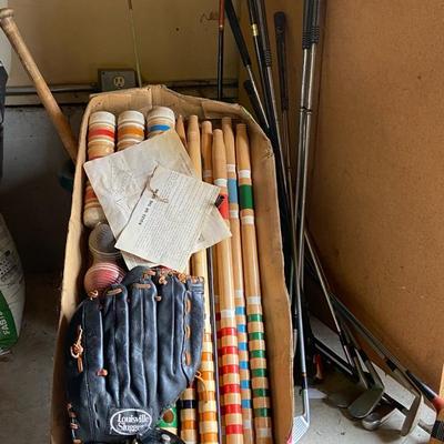 Vintage Croquet Set, Fishing Reels & Poles, Golf Clubs & Bin Of Sporting Goods