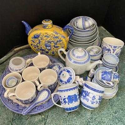 Vintage Blue & White Themed Chinese Dishes, Cups, Teapots, Hand Painted Pot Made In Holland